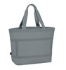 A grey tote bag with sturdy handles and a textured surface, featuring a logo.