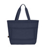 A navy blue tote bag featuring two sturdy handles and a textured design, with a logo present.