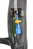 A drink tube with a blue nozzle and green straw attached to a grey backpack. The bag features a logo.