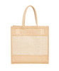 A natural beige tote bag with sturdy handles, featuring a plain panel and a logo on the front.