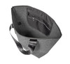A grey reusable grocery bag with a sleek design and a contrasting black strap and interior pockets.