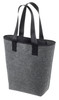 A grey reusable grocery bag with black handles and a simple design, featuring a logo on the side.