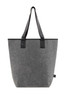 A grey reusable grocery bag with black handles and a plain design. It features a logo at the bottom.