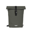 A green waterproof backpack featuring a roll-top design and adjustable straps, with a buckle closure and logo.