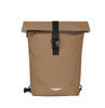 A tan roll-top backpack with a black strap and buckle, featuring a sleek design and minimalistic styling.