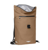 A brown backpack with a fold-over top, zippered pocket, and adjustable straps, featuring a logo on the front.