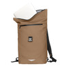 A tan backpack with a roll-top design, featuring a laptop inside and a front zip pocket. It has adjustable straps and a logo.