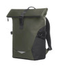An olive green and black laptop backpack with adjustable straps and a roll-top closure design. It features a logo.