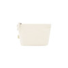 An organic toiletry bag in cream colour with a zip closure and side loop for easy carrying.