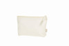 A cream toiletry bag with a zip closure, featuring a simple design and a small logo tag.