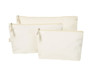Three cream-coloured toiletry bags of varying sizes, featuring zippers and a subtle logo.