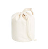 A cream drawstring bag made from organic material, featuring a top cinch closure and a carrying handle.