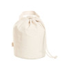 An organic drawstring bag in natural beige with a cinched top and a handle. It features a logo.