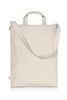 A light cream organic drawstring tote bag with two handles and a shoulder strap. Minimal branding is present.