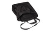 A black tote bag with dual handles and an interior pocket, featuring a logo on the inside.