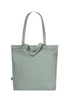 A light green tote bag with long handles and a simple design, featuring a small logo.