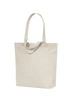 A light beige tote bag with long handles and a simple design. It features a logo on one side.