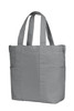 A grey tote bag with two long handles and multiple pockets on the front, featuring a logo.