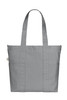A grey tote bag with two sturdy handles and multiple pockets, featuring a logo.