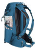 A teal outdoor backpack with adjustable straps, featuring a drink bottle and a map in side pockets.