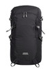 A black outdoor backpack with multiple compartments and adjustable straps, featuring a logo on the front.