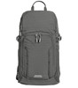 A grey outdoor daypack features multiple zippered compartments and a logo, designed for versatility and convenience.