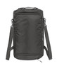 A grey duffle bag with adjustable straps and a zippered pocket, featuring a logo on the front.