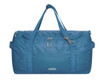 A blue duffle bag featuring multiple compartments and a shoulder strap, alongside a logo.