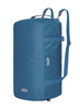 A blue outdoor sports bag with a cylindrical shape, adjustable shoulder strap, and a logo. Ideal for duffle use.