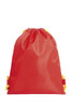 A red drawstring bag with yellow cords and a small logo on the front.