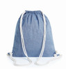 A blue drawstring bag with white cords and a small logo tag.