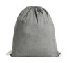 A grey drawstring bag with a cinched top and tassel accents. It features a logo on the side.