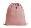 A drawstring bag in a soft red hue with a textured appearance and a logo on the side.