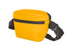 A yellow bum bag with black accents and an adjustable strap, featuring a zippered compartment.
