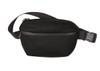 A sleek black bum bag with a textured finish and an adjustable strap. It features a zipper closure and has a branding logo.