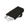 A black laptop backpack featuring a zippered compartment with a laptop and documents partially visible inside. It has a logo.
