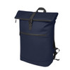 A navy blue laptop backpack featuring a roll-top design, adjustable straps, and a front zip pocket.