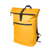 A yellow laptop backpack with a black zippered front pocket and adjustable straps. It features a roll-top closure.