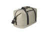 A light grey duffle bag with black straps and a side zipper, featuring a clip attachment and a logo.