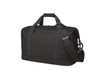 A black duffle bag with sturdy handles and an adjustable strap, featuring a zippered pocket on one side.