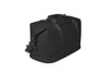 A black duffle bag with a zippered pocket and adjustable shoulder strap. It features sturdy handles and logo branding.
