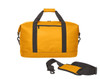 A yellow duffle bag with black straps and a removable shoulder strap, featuring a zippered pocket on one side.