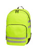 A bright yellow backpack with reflective stripes and a dark base, featuring a zippered front pocket and a logo.