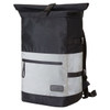 A laptop backpack in black and grey, featuring a roll-top closure, adjustable straps, and a front zip pocket.