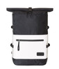 A black and white laptop backpack featuring a roll-top design, adjustable straps, and a front zippered pocket.