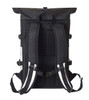 A black laptop backpack with adjustable straps and a roll-top design, featuring mesh padding for comfort and support.