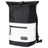 A black and white laptop backpack with a roll-top closure, front zip pocket, and adjustable straps. Features a logo.