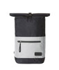 A black and grey laptop backpack with a roll-top closure and front zip pocket, featuring a logo.