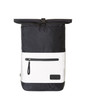 A black and white laptop backpack featuring a roll-top closure and a front zip pocket. It has a branding logo.