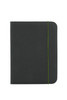 A black conference folder with a green elastic closure, featuring a smooth surface and rounded corners.